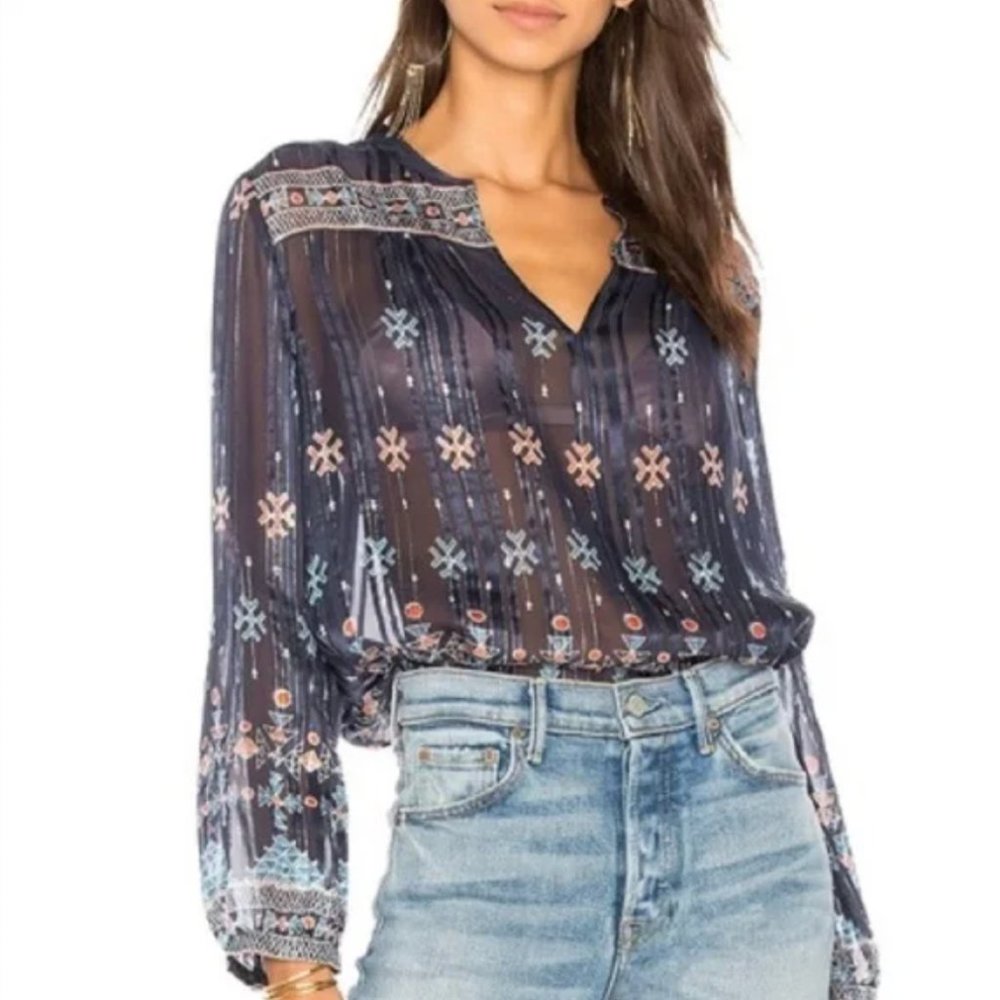 Joie Sendoa Metallic Silk Blouse Size XS